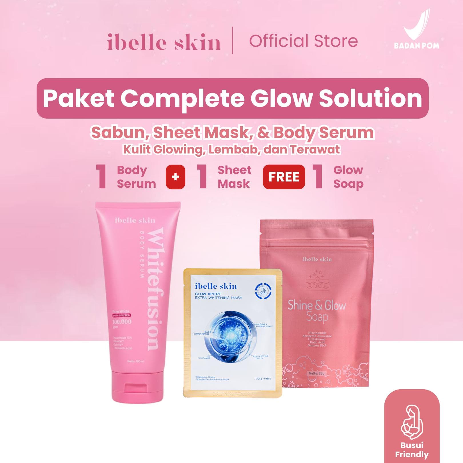 Foto produk Paket Complete Glow Solution – 1 Body Serum, 1 Masker Wajah & 1 Sabun – 5% Niacinamide, Tranexamic Acid, Cysteamine, 19X Whitening & Salmon DNA - ibelle skin